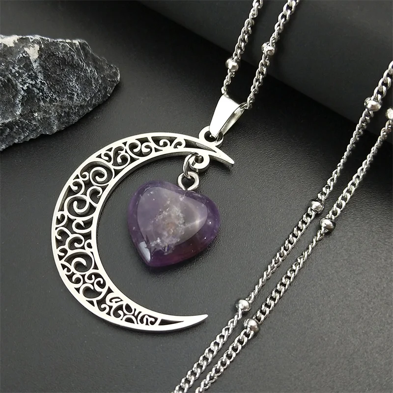 Witchcraft Witch Crescent Moon Stainless Steel Purple Crystal Chain Necklace Women Silver Color Necklace Jewelry collares N6327