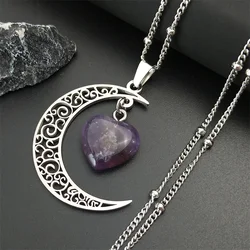 Witchcraft Witch Crescent Moon Stainless Steel Purple Crystal Chain Necklace Women Silver Color Necklace Jewelry collares N6327