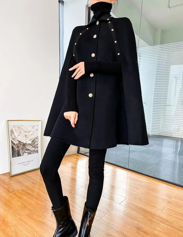 High Quality Black Cape Woolen Shawl Coat Korean Women Autumn Winter Mid-Length Loose Vintage Golden Button Cloak Wool Coat