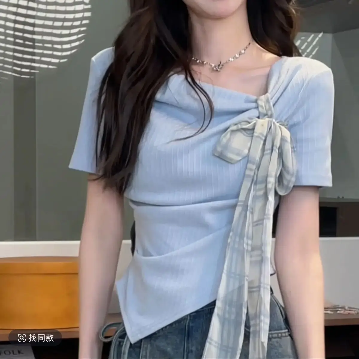 Summer Women's New Arrival Solid Color Sweet Style Pleated Fitted Bow Tie Irregular Short Sleeve Top