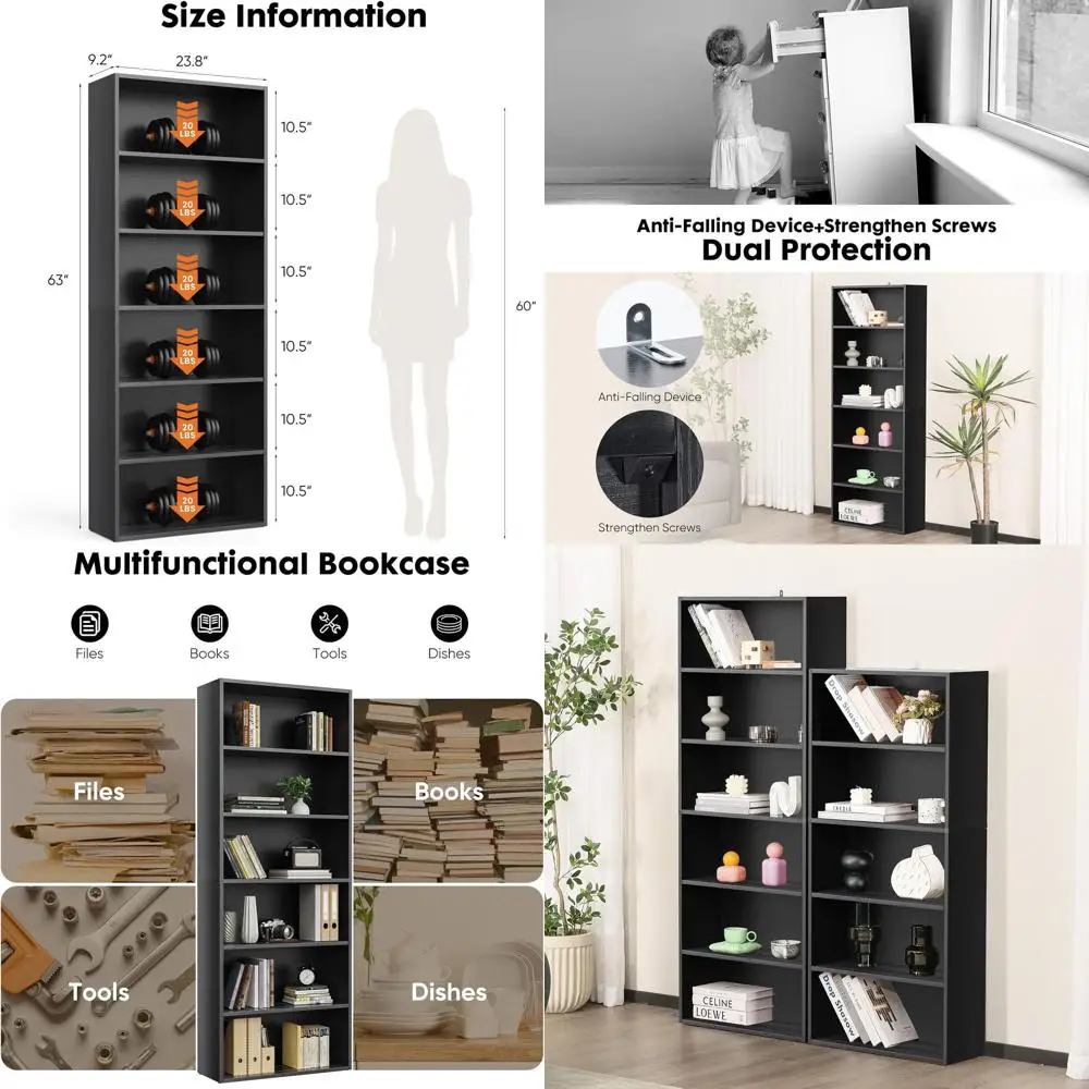 6段本棚、高さ63インチ、転倒防止、家庭/オフィス用オープンシェルフ、ブラック