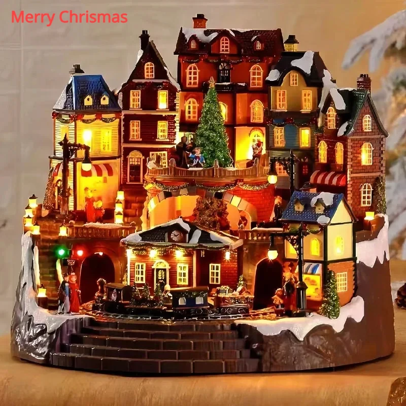 New Childlike Large Luminous LED Music Christmas House Christmas Ornaments with Rotating Train Rotating Christmas Decoration