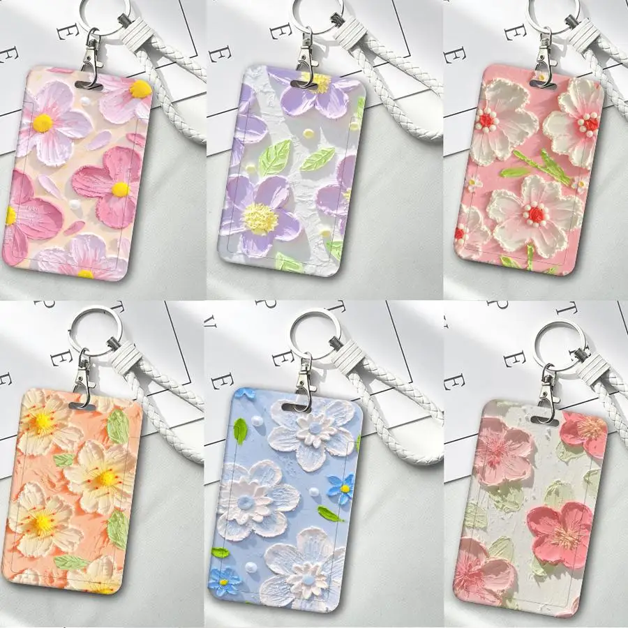 1Pc Card Holder Retractable Credit Card Holders Holders Child Bus with lanyard Bank ID Badge Cover Case Cartoon Flower Art