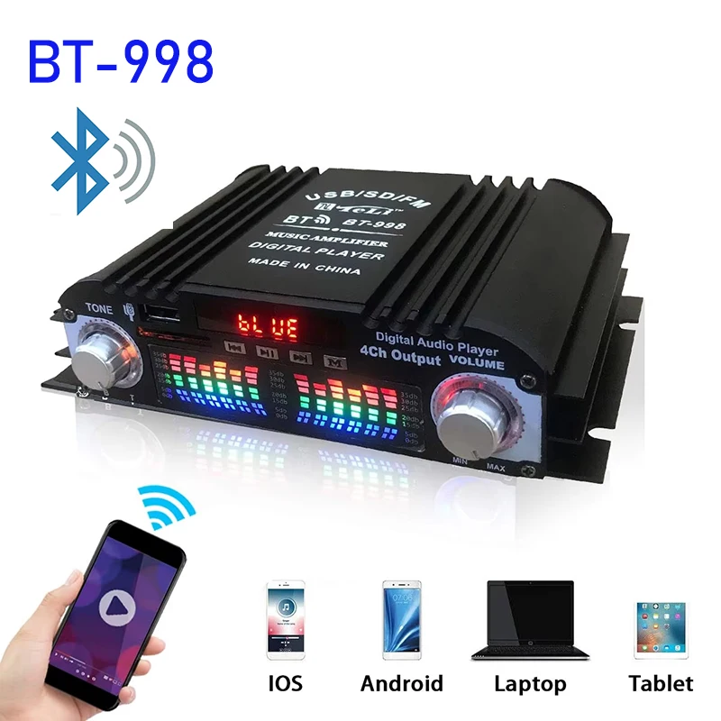 4 Channel HiFi Sound Amplifier Digital Audio Bluetooth Amplifier 1600W Peak Power Karaoke Player FM Radio Support Remote Control