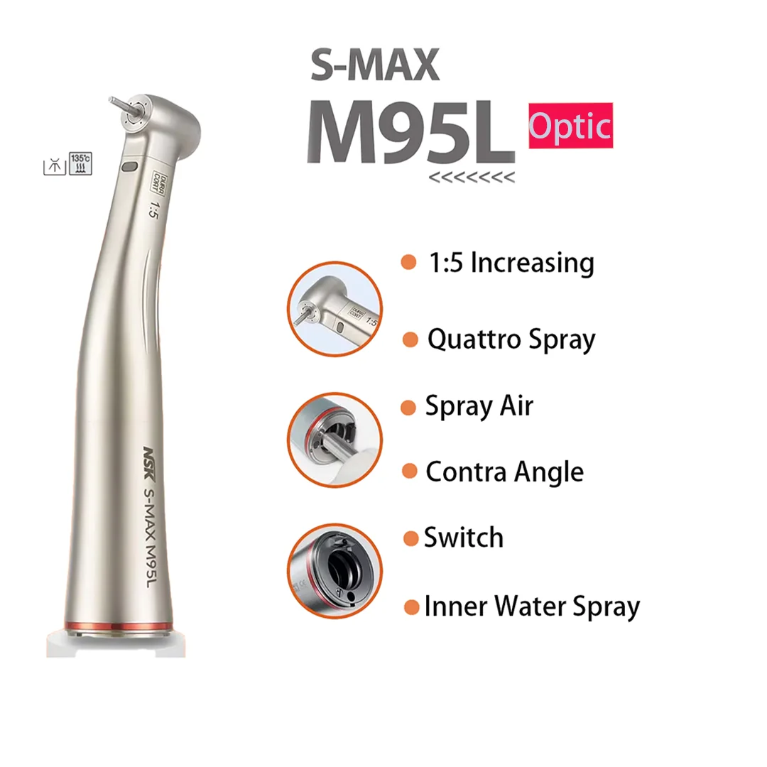 NSK S-MAX M95L Optic Fiber 1:5 Increasing Speed Contra Angle Handpiece Red Rings contraangulo Spray Air On/Off Switch Dental Pen