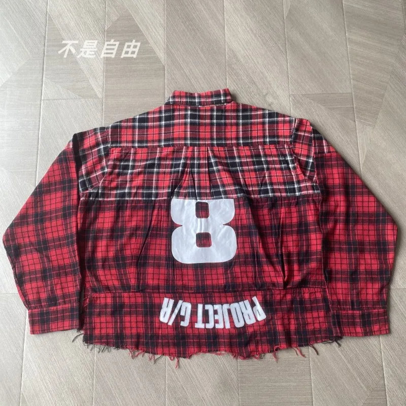 

Клетчатый проект G/R, потертая рубашка с длинными рукавами и принтом на спине, рубашка с длинными рукавами для мужчин и женщин, повседневная рубашка с v-образным вырезом и кисточками, одежда