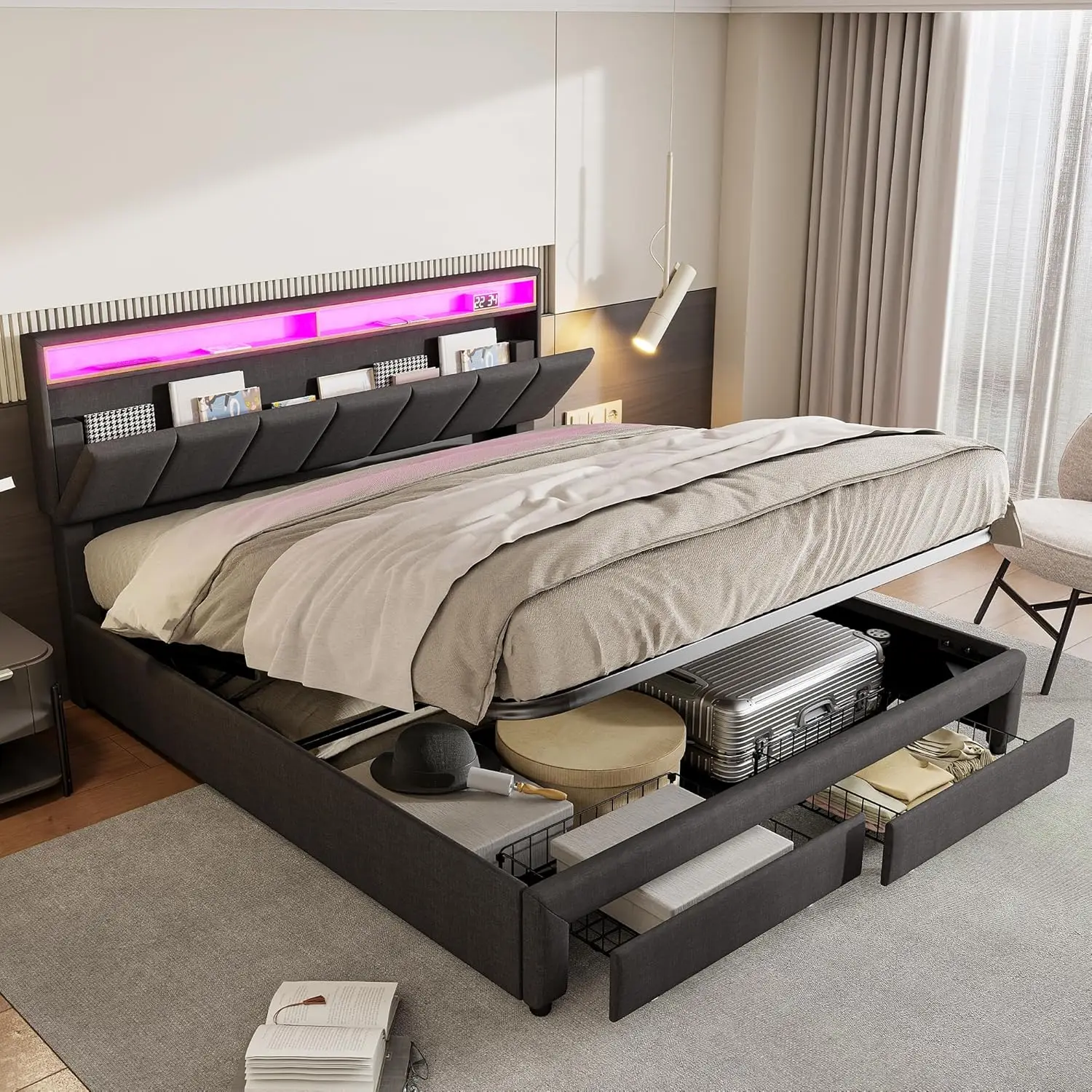 Cama Doble Fangange de 160x200cm con Cajones de Almacenamiento, Cama Hidráulica con Conexiones LED y USB, Cama Doble Tapizada