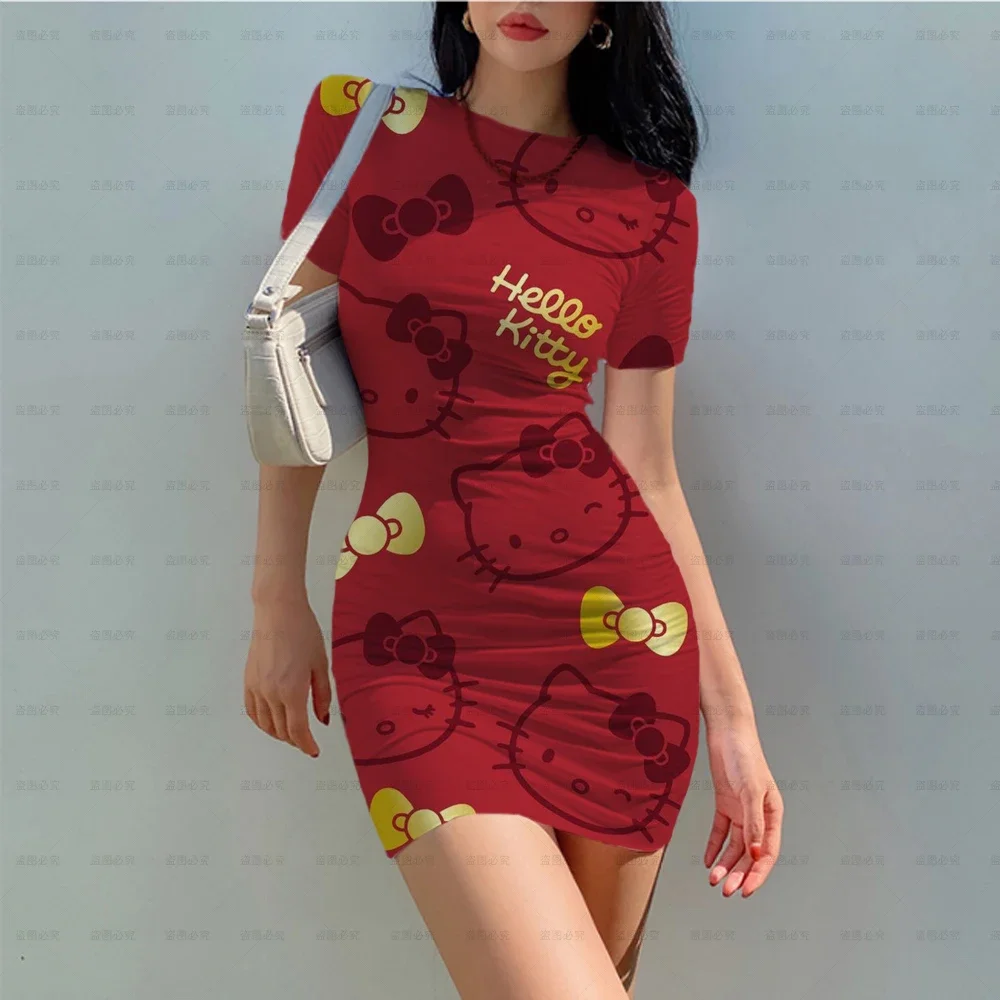 Hello Kitty Mini Dresses for Women Short Sleeve O Neck Dress Sexy Ladies Night Club Wear Slim Cartoon Dresses Black