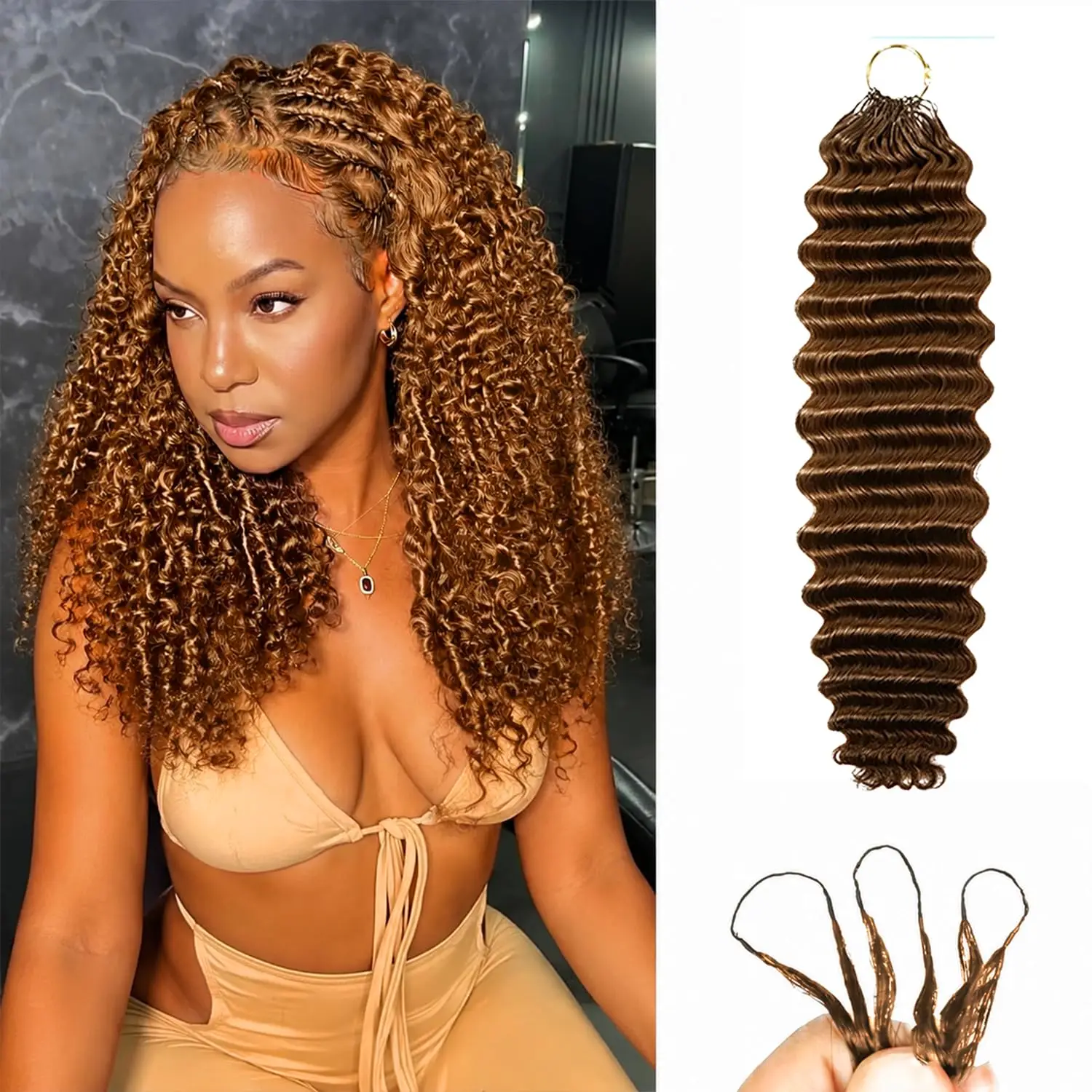 #30 Brown Feather Crochet Hair Extensions 16/20 Inch 60g/80g 100% Protein Fiber Synthetic Hair Deep#30 Wave Knotless Crochet Hair for Braiding No Weft Wet And Wavy Bohemian Braids 1 Bundle