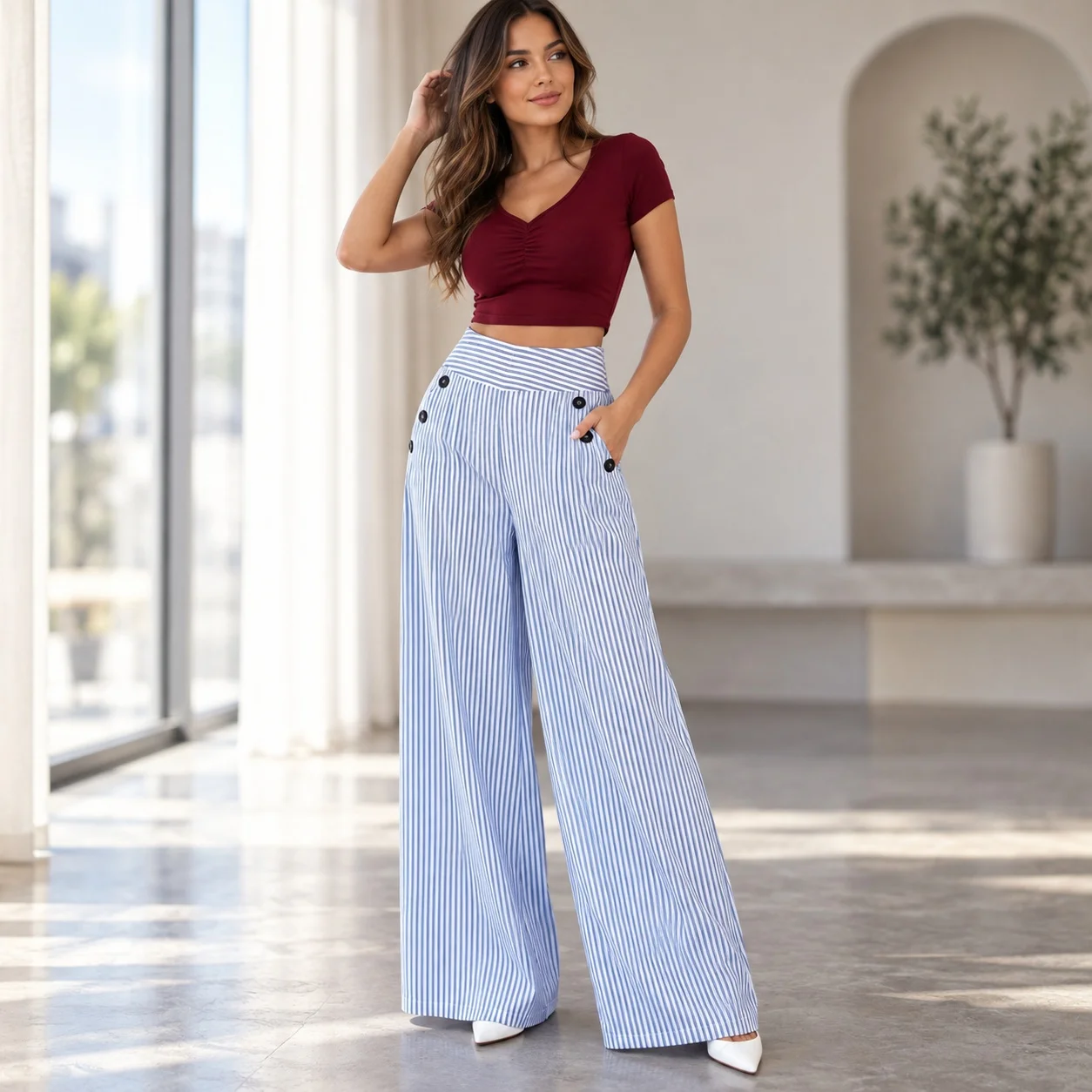 Casual Loose Fit Pants Full Length Japanese Korean Casual with Slight Stretch Mid Rise Paneling Striped Pocket Women Pants