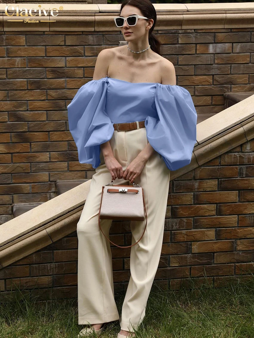 Clacive Fashion Loose Blue Women\'s Shirt 2025 Elegant Square Collar Puff Sleeve Shirts Casual Classic Solid Top Female Clothing