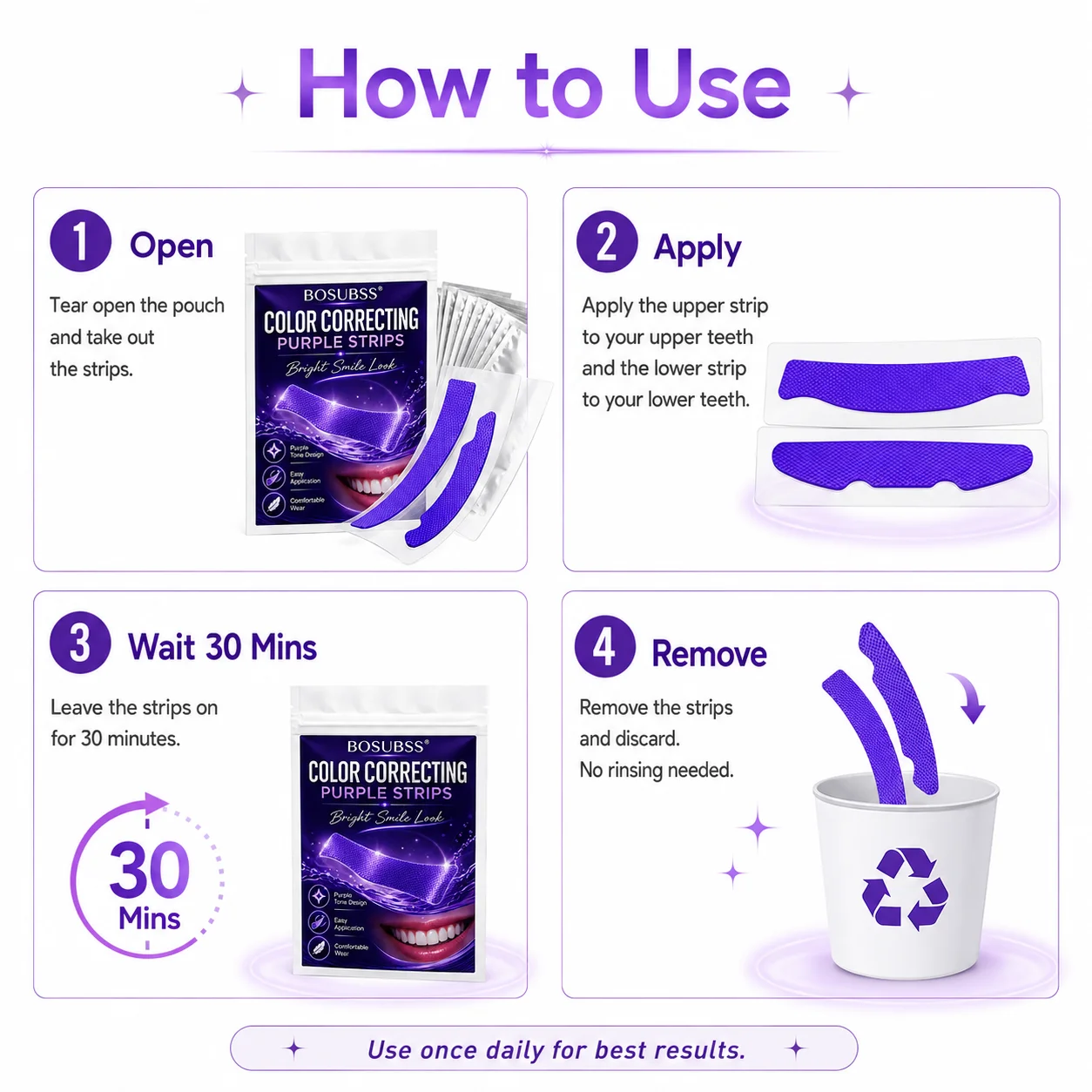 2 Pairs Purple Oral Beauty Strips, Smile Care Teeth Stickers, Gentle Fit Fresh Daily Routine Easy Home Use