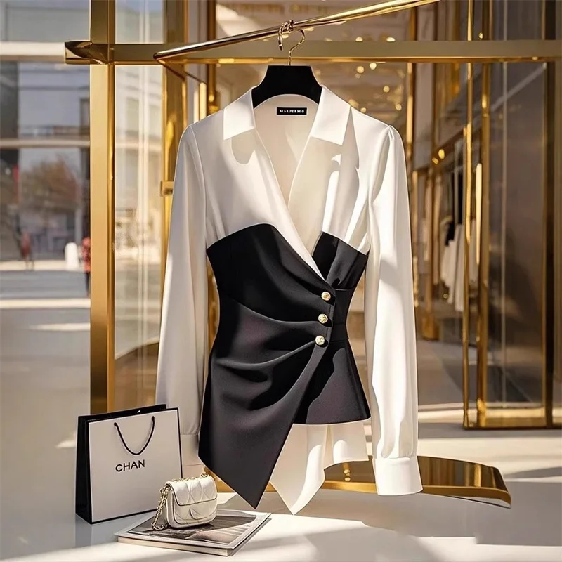 Primavera preto e branco camisa contrastante feminina 2025 nova manga longa estilo elegante falso blusa de duas peças topo feminino