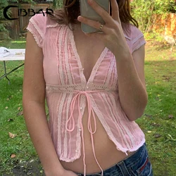 CIBBAR Cute Bandage Split Crop Top Pink Short Sleeve Lace Patchwork Vintage 2000s T Shirts Women Summer 2024 Tees Y2k Aesthetic