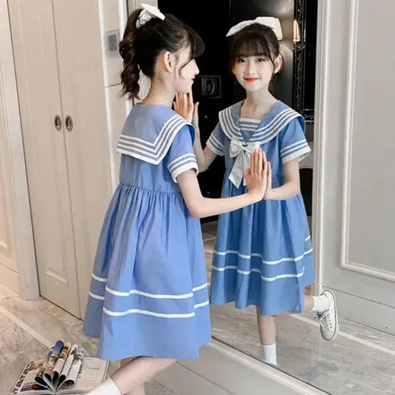 Children Summer Casual Dress Kids Sailor Style Vestidos Girls Academy Princess Bow Gown Teenager Fashion Turndown Collar Clothes