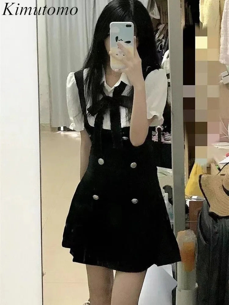 

Платье Kimutomo в студенческом стиле, имитация двух частей, черное, женское, летнее, 2026, новая модель, французский шик, элегантное, с завышенной талией, фасон «принцесса»