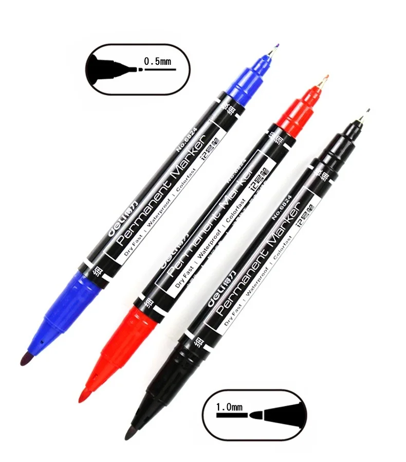 Deli 0.5/1mm Dual Nib Marker Pen Waterproof Oil Ink Permanent Mark CD Glass Artist Painting Wood Plastic Rock Student Stationery