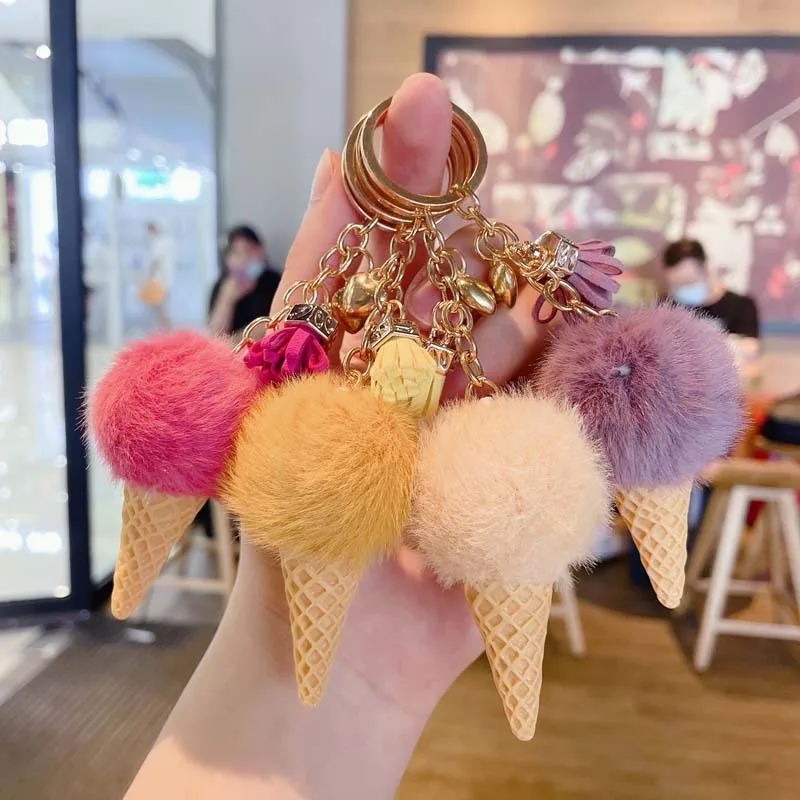 1pc Fashion Cute Mini Ice Cream Key Ring With Tassel Student Fluffy Pom Pom Velvet Plush Keychain For Girls Bag Decoration Gift