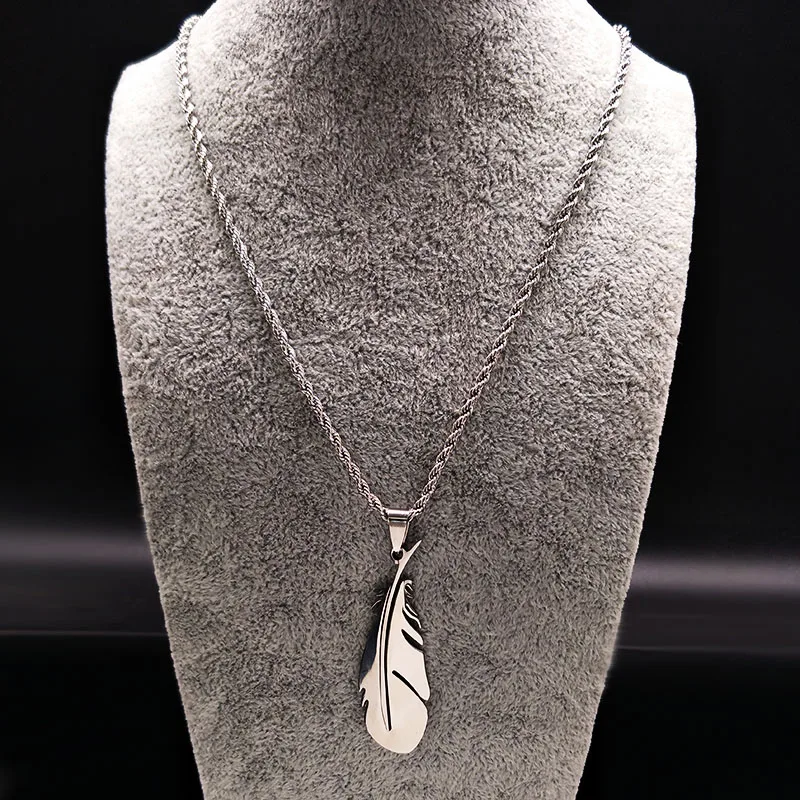 Hip Hop Feather Stainless Steel Long Necklace for Men Gold Color Male Chain Necklace Jewelry Gift colar masculino N1039-QKCS02