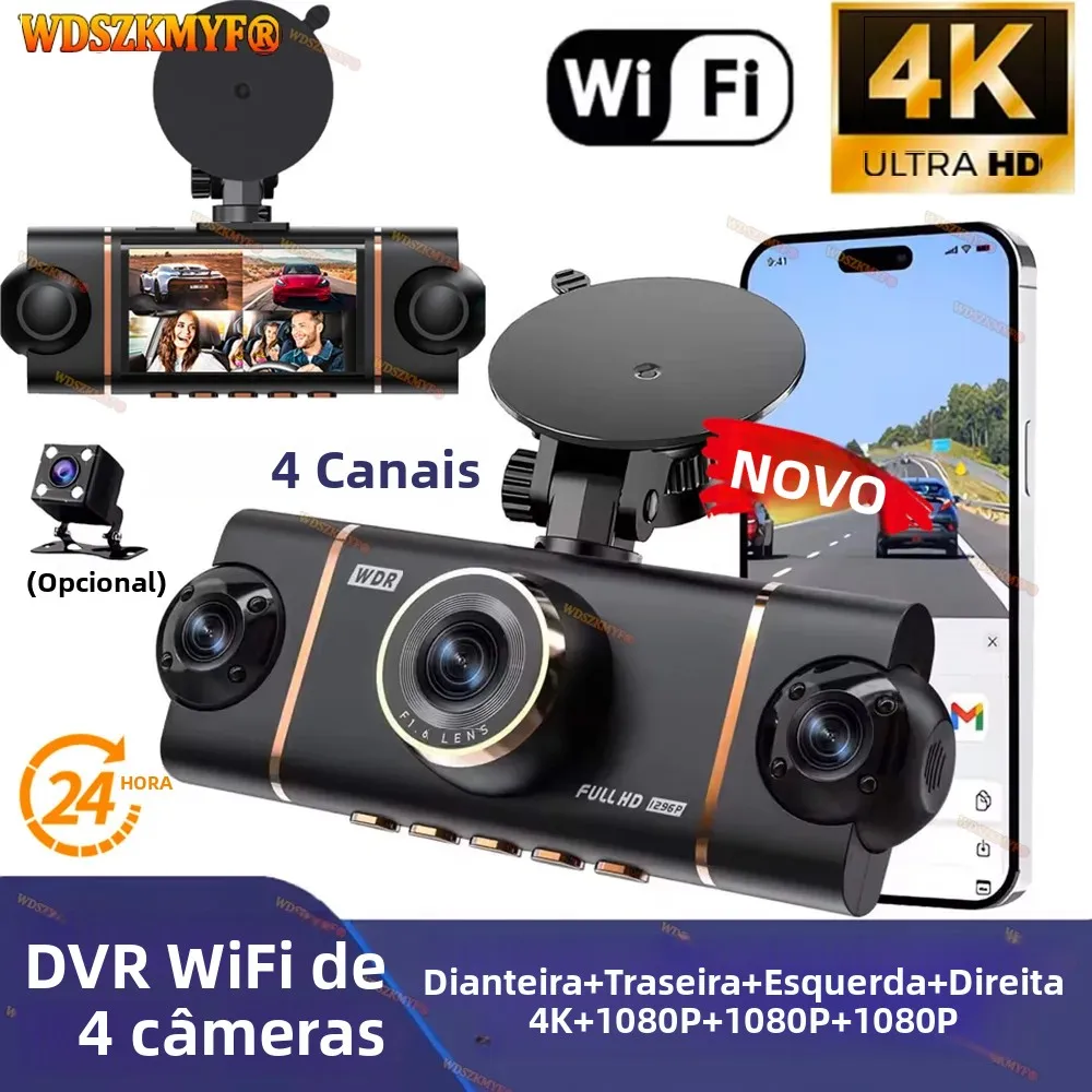 Novo DVR de Carro 4CH UHD 4K 1080P Câmera de Painel 360 °    Gravador de Vídeo WIFI APP com Visão Noturna Frontal e Traseira 4K Caixa Preta