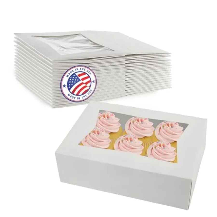 Cupcake Boxes 8 x 5.75 x 2.5 Auto Pop Up White Bakery Boxes with Window for Muffins Donuts Cookies Case of 200 Made in the USA