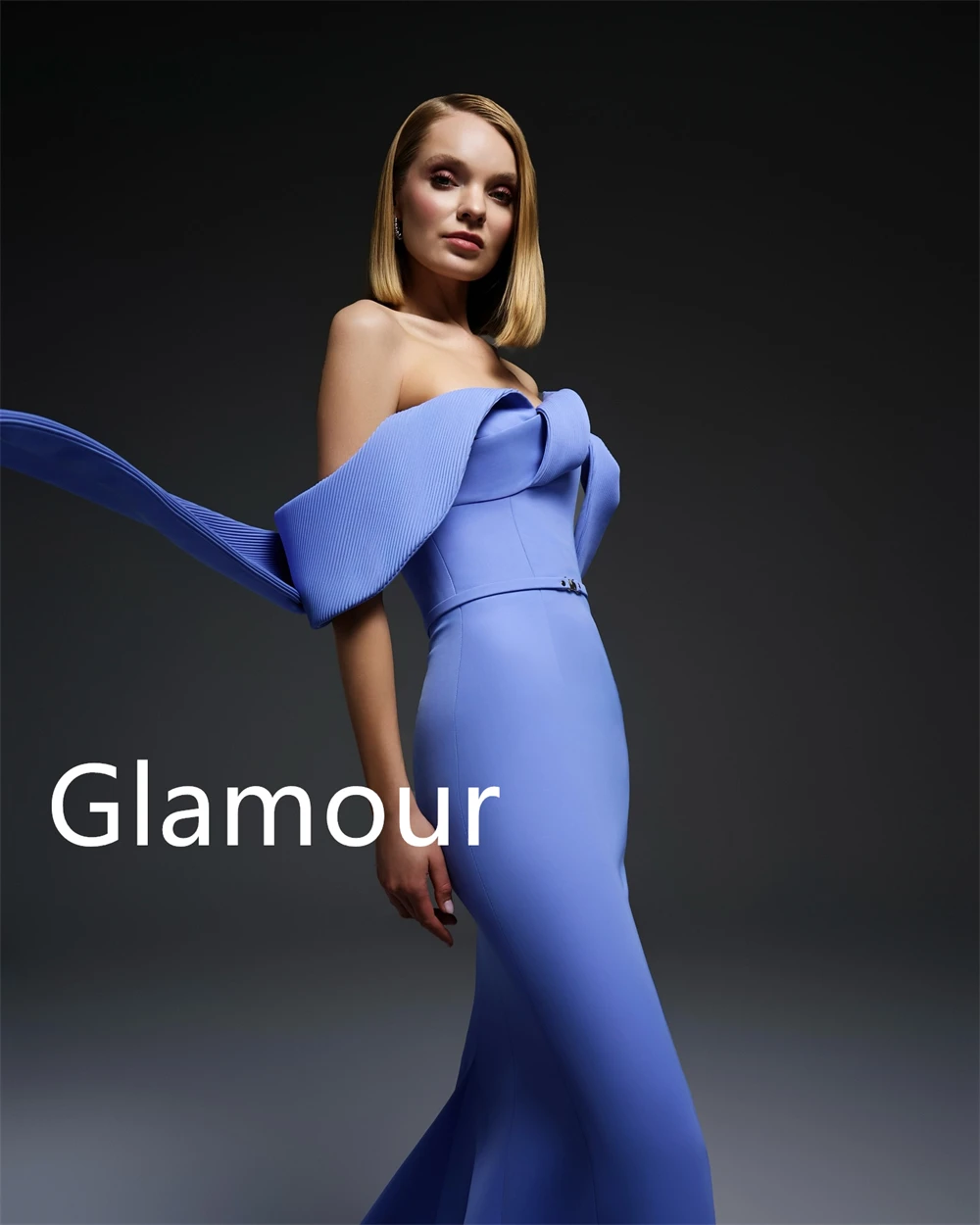 

Customized Luxury Blue Jersey Evening Dresses Temperament Off the Shoulder Prom Dress Court Train Bespoke Occasion Gowns
