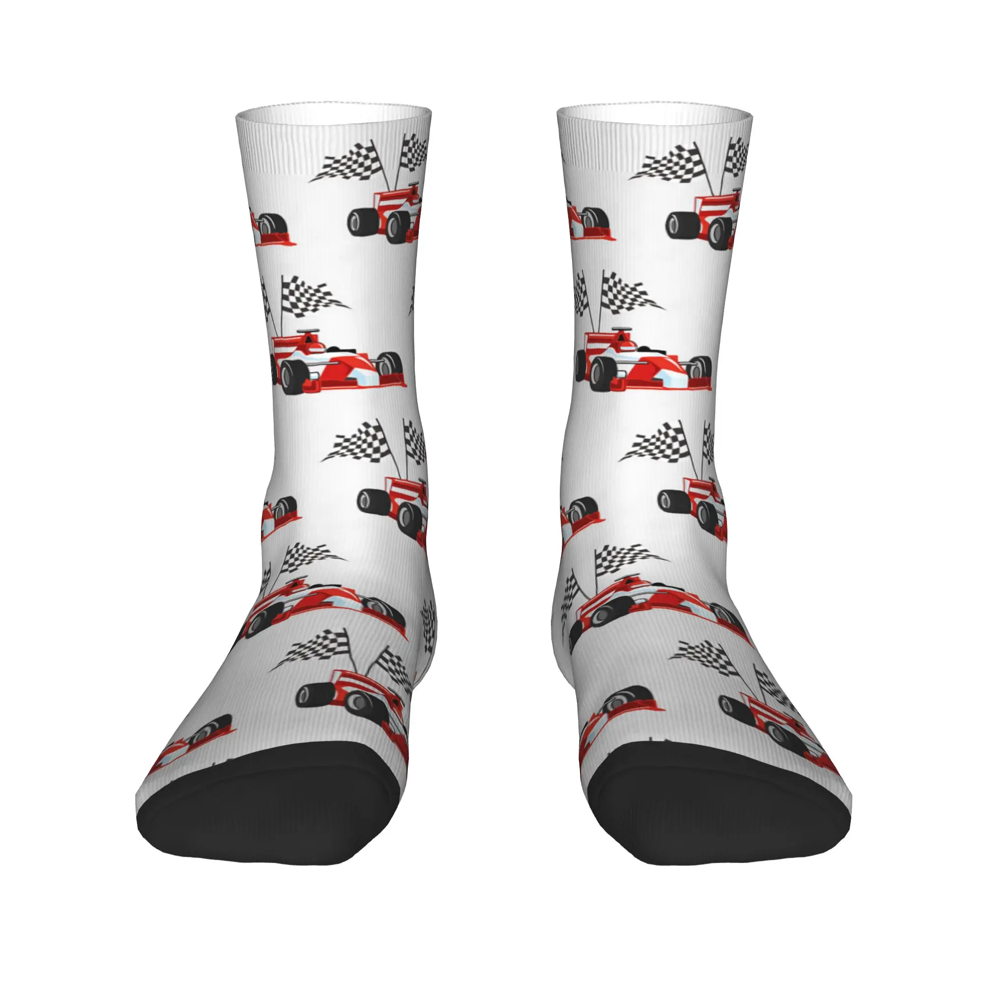 Cartoon Red White Race Car With Two Checkered Flags Socks  Funny Stockings Women Men Soft Breathable Skateboard Socks