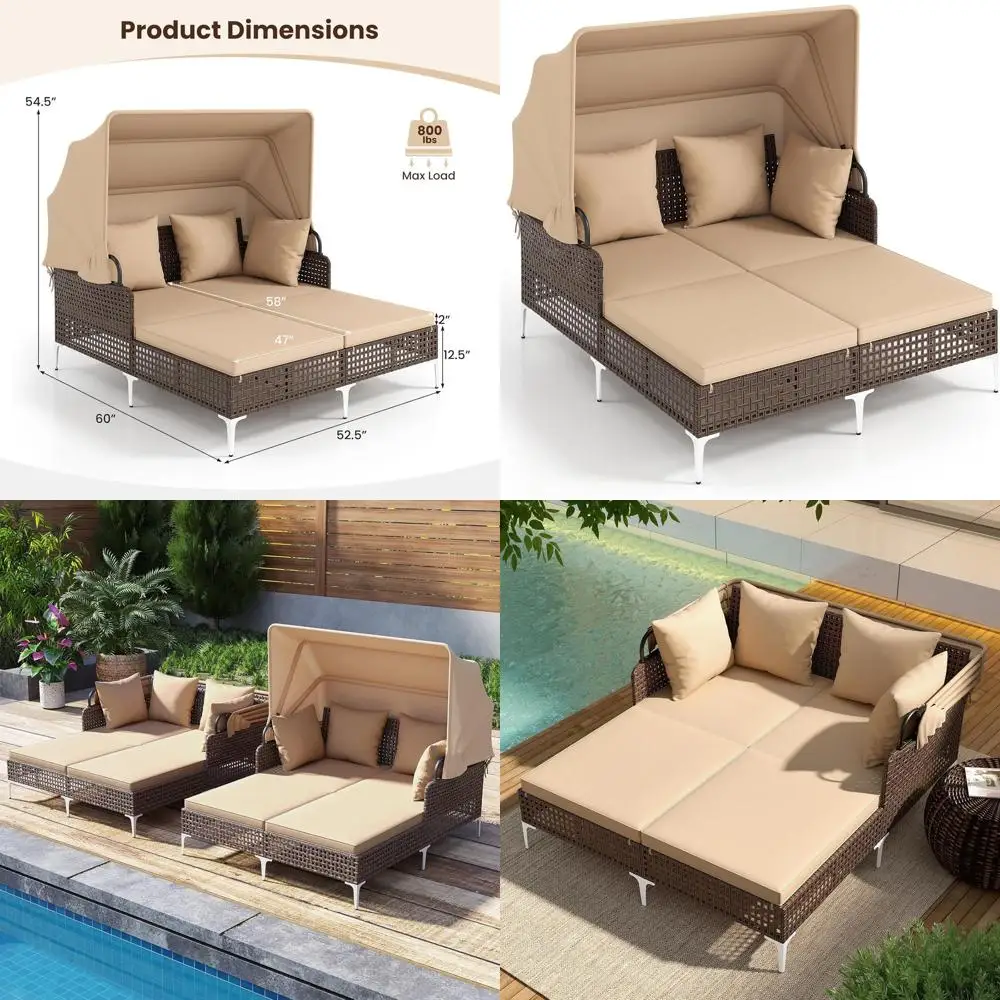 

Retractable Rattan Daybed with Metal Support, Boho-Style Patio Wicker Sunbed, Pillows & Cushions, Outdoor Double Lounge with Sha
