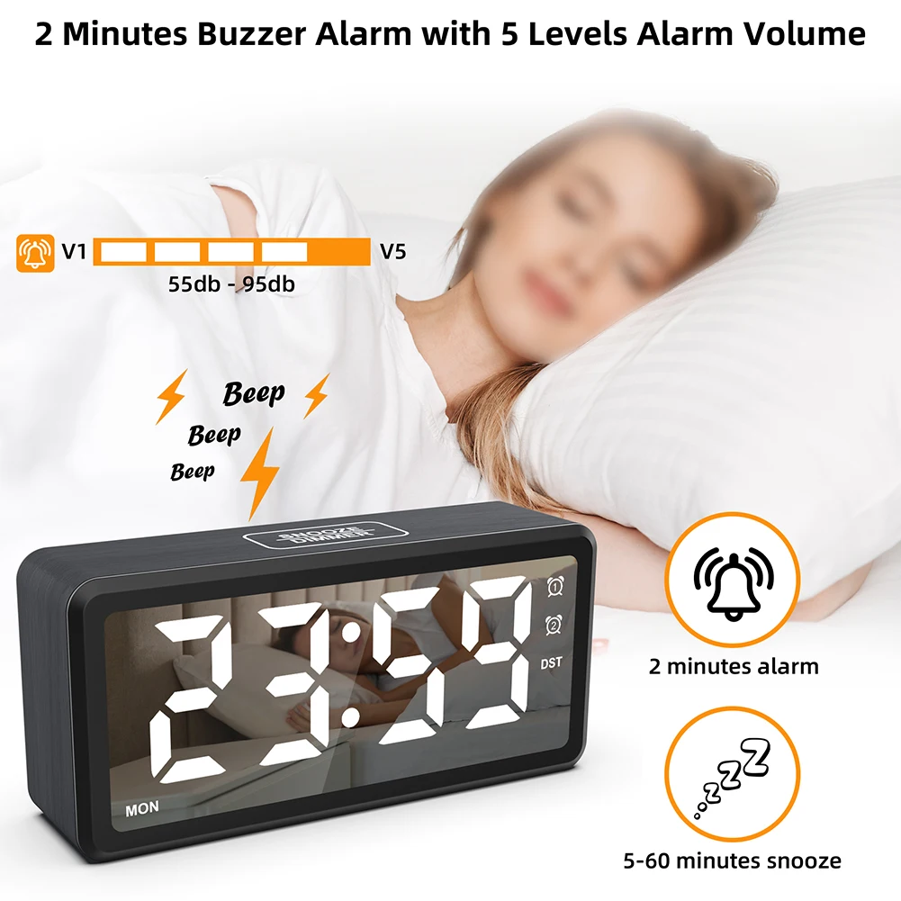 

Bedroom Use Morning Routine Wood Grain Adjustable Brightness LED Display Compact Design Memory Battery Function