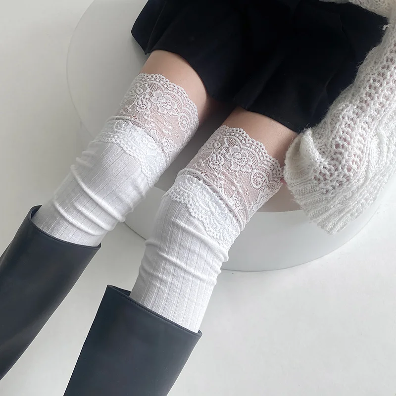 

1 Pairs White Lace Trim Over Knee Socks Lolita Style Cute Sweet Calf Socks Women's Mid-Leg Kawai Breathable Thigh High Socks