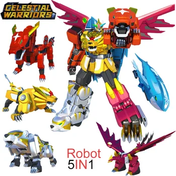 5 in 1 Celestial Warriors Transformation Robot Toys Super Sentai Powerful Strong Dinobots Action Figure Ornaments Collectible