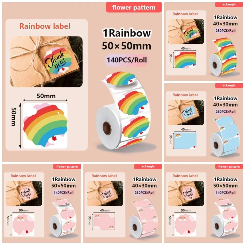 140/230Pcs Rainbow Thermal Printer Label DIY Tear Resistant Blank Label Sticker Anti-Oil Cartoon Self-Adhesive Thermal Paper