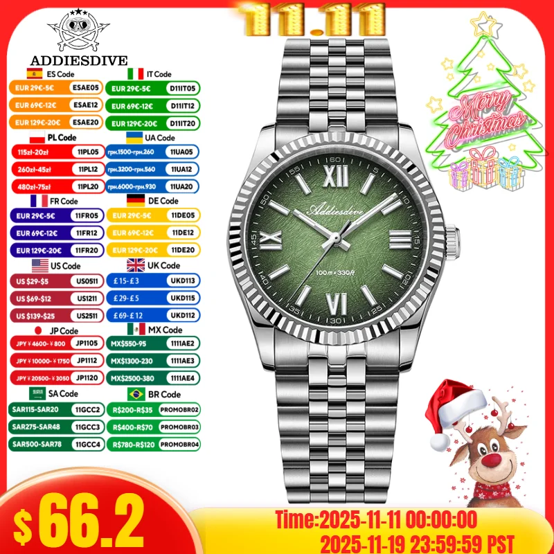 

ADDIESDIVE 2025 NEW 36mm Watch For Man AD2512 VH31 Movement Luminous Sapphire Grass 10Bar Waterproof Jubilee Strap Quartz Watch