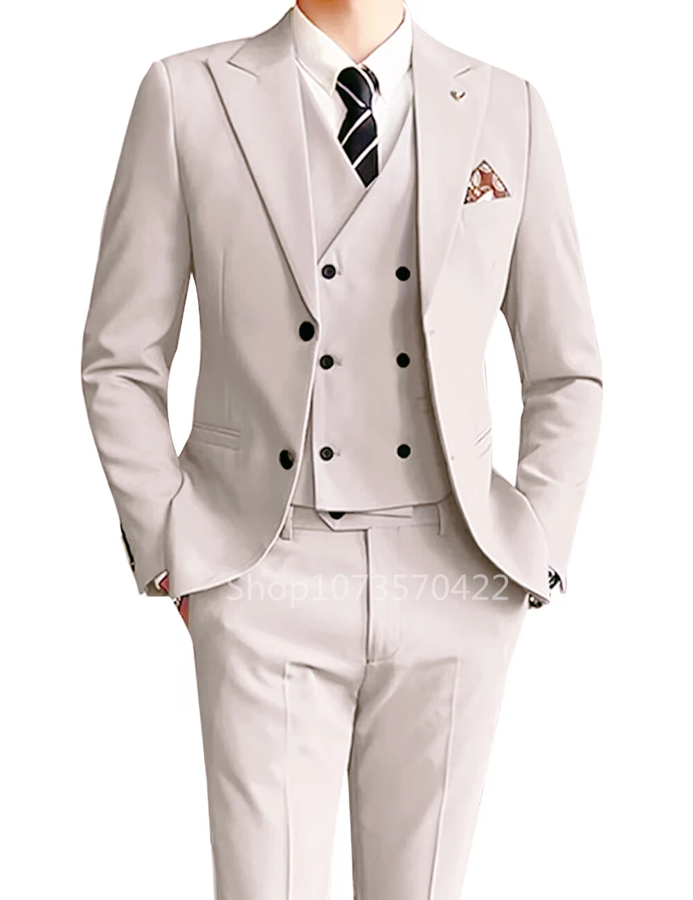 

Beige Men's Suits Elegant Peak Lapel Tuxedo 3 Pieces Blazer Vest and Pants Set Formal Men's Suit for Wedding Business Prom Party