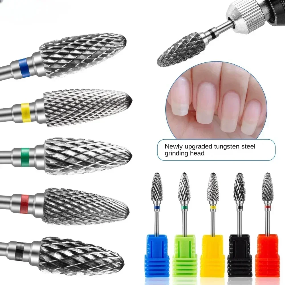 Broca para uñas de carburo de tungsteno de 5 tamaños, cortadores rotativos para manicura, accesorios de taladro para manicura, herramientas para quitar Gel para uñas