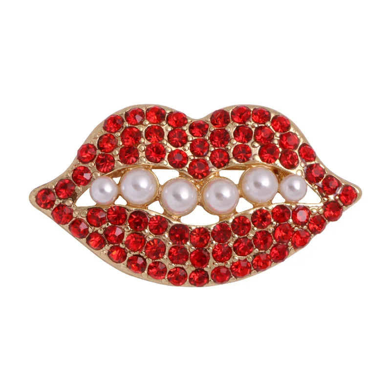 Hot sexy temptation red lips female luxury brooch shiny crystal temperament upscale kiss pin personalized clothing jewelry gift