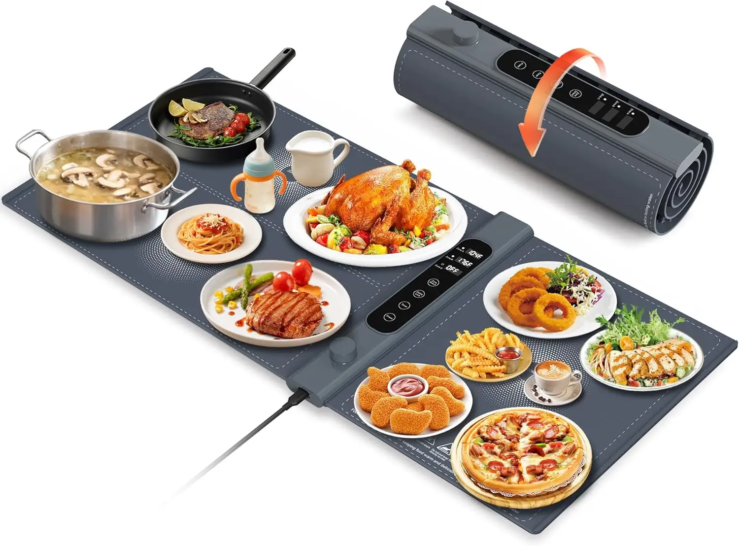 

3-Zone Food Warming Mat with Timer, XXL Silicone Roll-Up Design for Party Buffets and Home Use