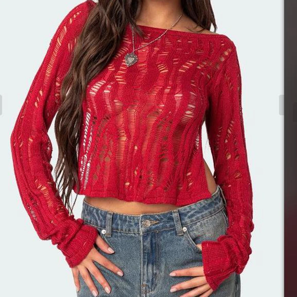 Hiphop Women Ripped Hollow Out Sweater Trendy Open Back Boat Neck Long Sleeve Cropped Knit Tops for Spring Fall