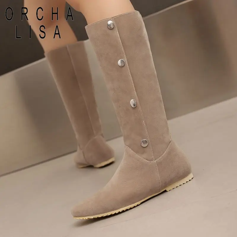 

ORCHA LISAFashion Замшевые женские сапоги до колена из флока с круглым носком на плоской подошве и пуговицами двойного назначения, большой размер 46, 47, 48, повседневные бежевые