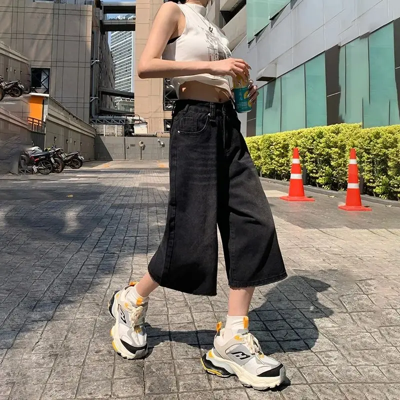 Summer American Style Vintage Women Baggy Jeans Y2k Loose Washed High Waist Knee Length Denim Pants Streetwear Wide Leg Shorts