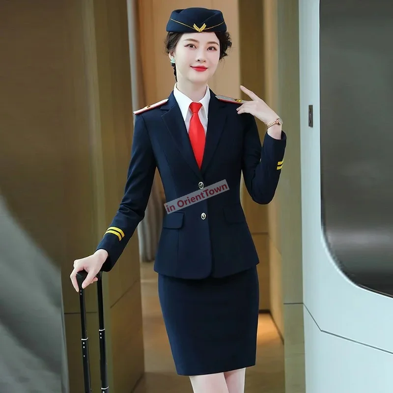 Airline Aeromoça Segurança Mulher Manga Comprida Uniforme Trabalho Azul Vermelho Calças Saia Ternos Profissional pendulares Vestuário Formal