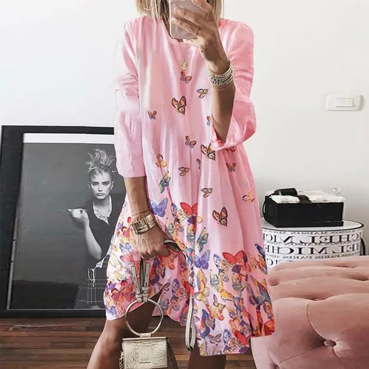 

Sexy Mini Dress For Women Elegant Loose V-neck Long Sleeve A-line Dresses Summer Chic Lady Butterfly Print Midi Beach Sundress