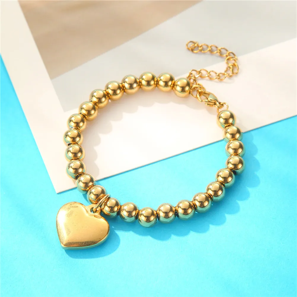 New Original Solid 316L Stainless Steel Beads Chain Bracelet Heart Pendant for Men Women  IP Gold Plated Metal Jewelry Gift