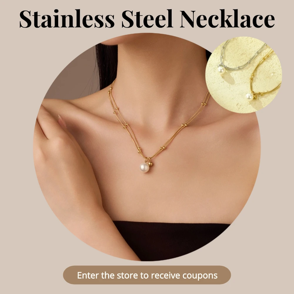 

Stainless Steel Necklace Double Chain Pearl Plated 18K Gold Color Trendy Fashion Stainless Steel Jewellery Women's Necklace