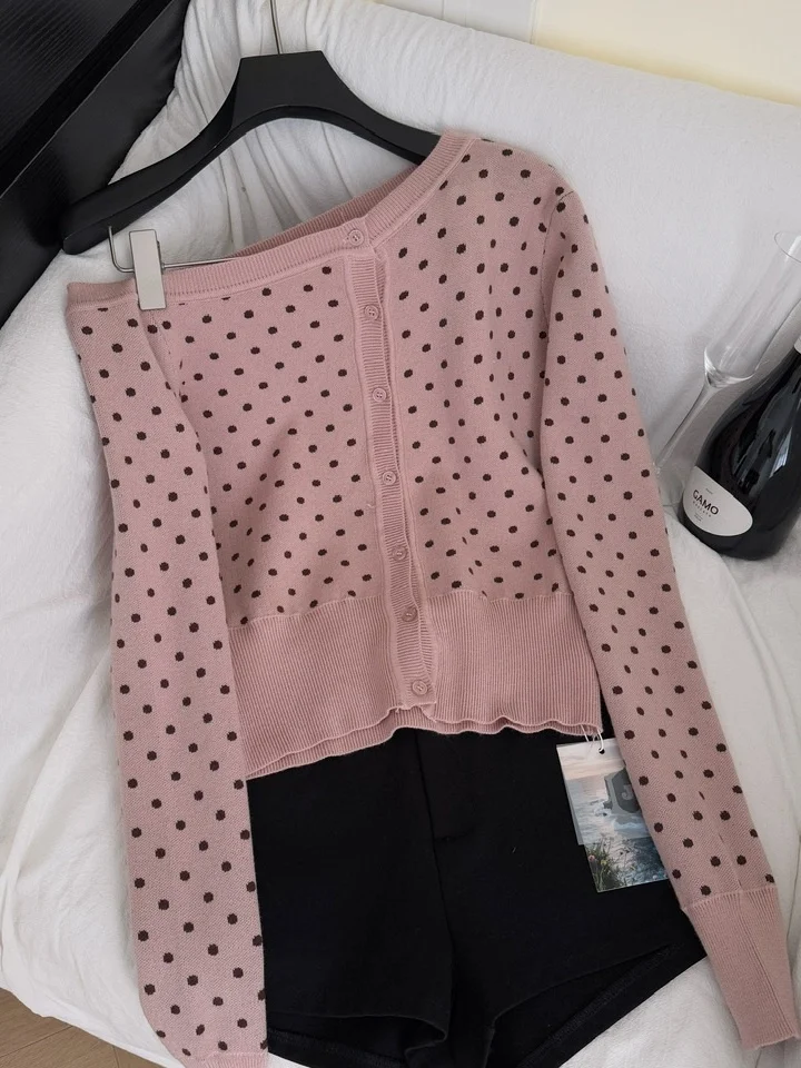 여성용 소프트 슬리 핑크 도트 니트 오픈 가디건 슬림 핏 롱 슬리브 탑 이중 색상 초가을 신상품