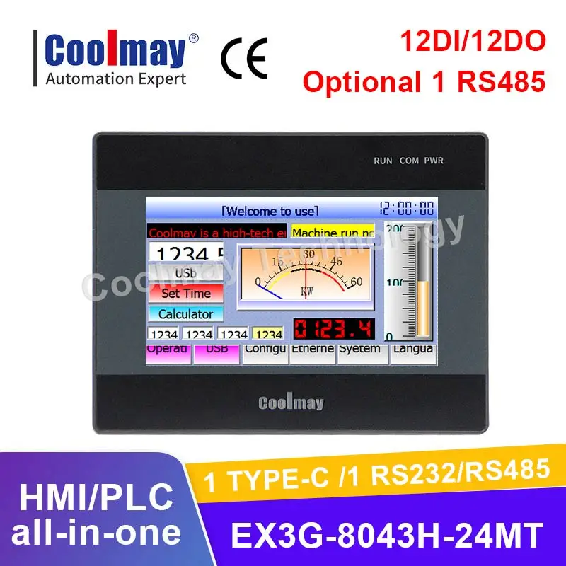 

Coolmay 4.3 inch hmi plc all in one 4.3 inch 12DI/12DO transistor output RS232 RS485 for Industrial Automation