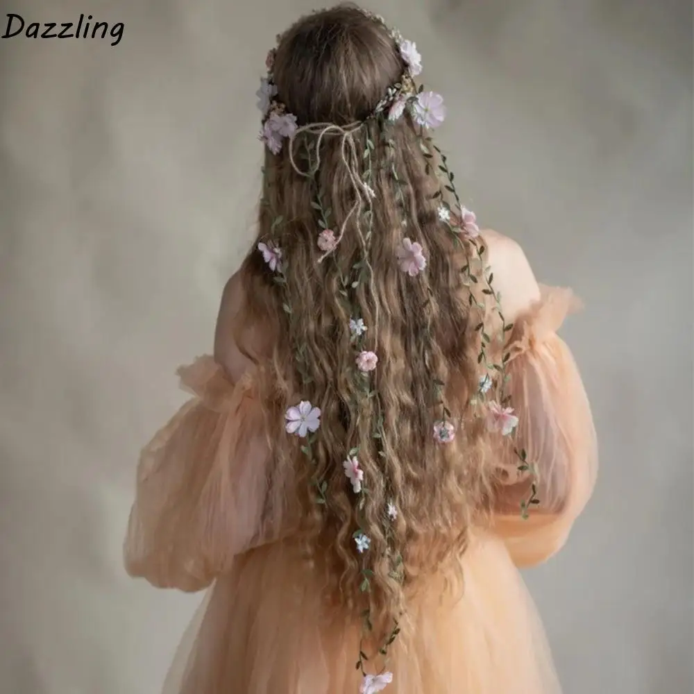 الجنية البيضاء الزهور إكليل محاكاة زهرة البوهيمي زهرة عقال أغطية الرأس شرابة طويلة تاج الزفاف الفتيات #1