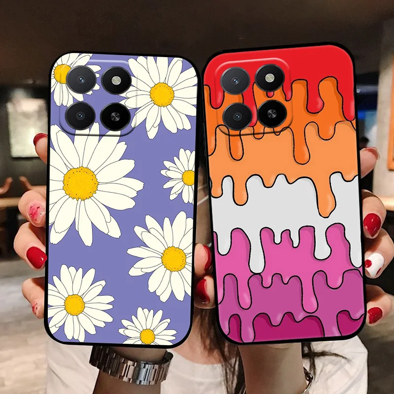 Case For Honor X5b Plus X5b+ Black Cute Flowers Soft TPU Silicone Shockproof Phone Cover For Honor Play 40c Honor X5 Capa Fundas