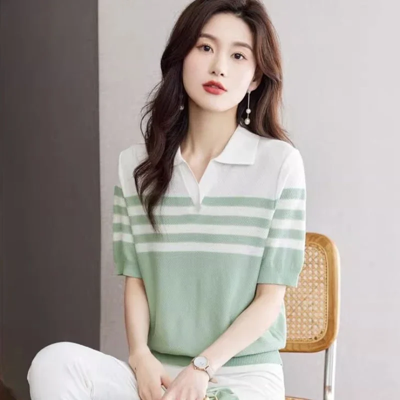 Korean Clothing Polyester Y2k Fashion Summer 2025 in Trend Polo Neck Shirt for Women Plain Striped Slim Woman T Synthetic Pretty