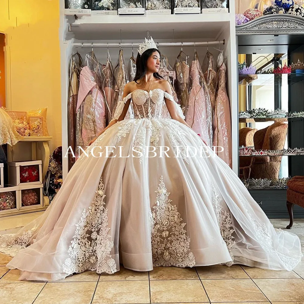 Angelsbridep 2023 Горячие платья Quinceanera бальное платье с открытыми плечами с аппликацией кружевной корсет Vestidos De Quinceañera